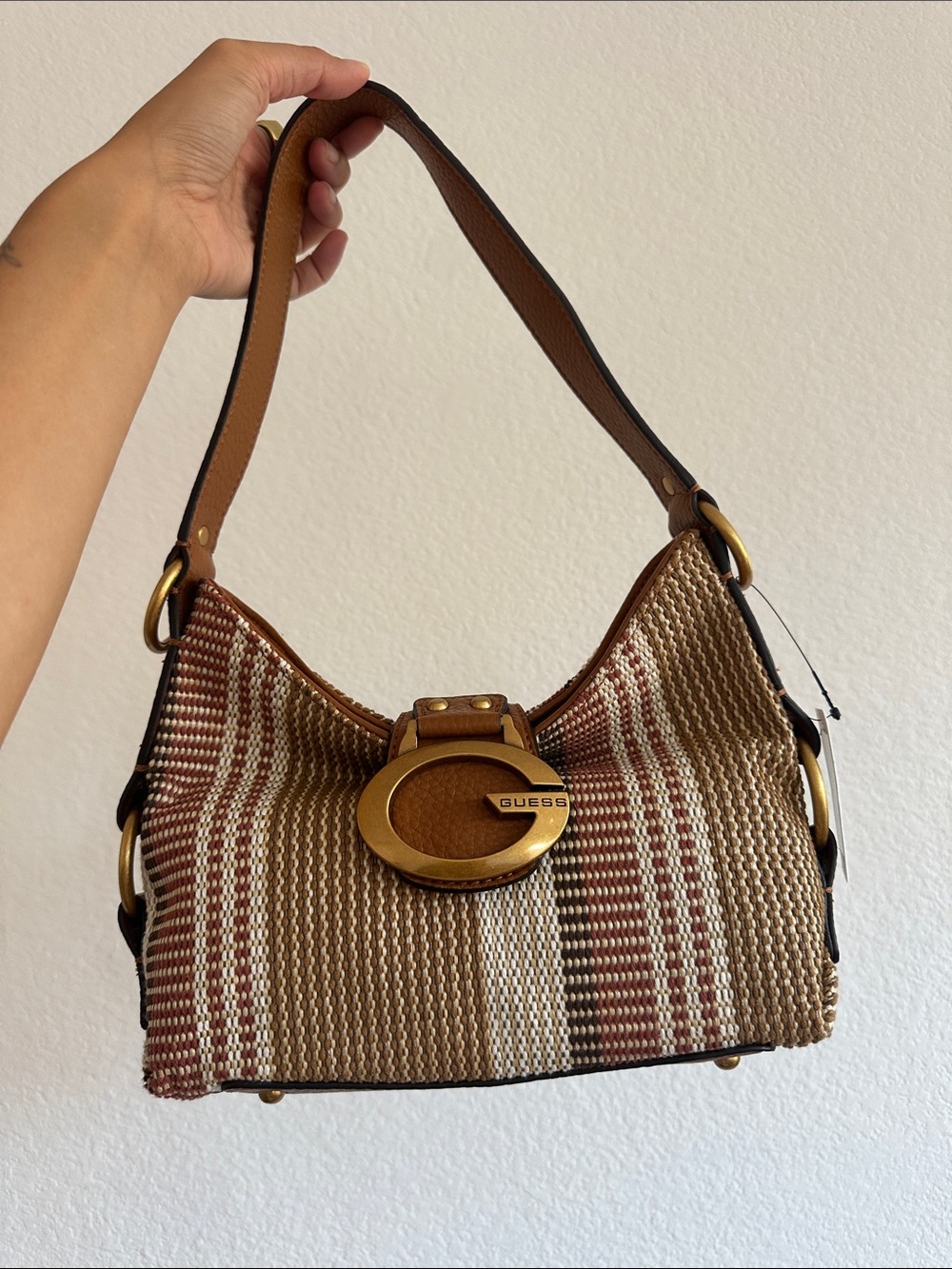 NWT Guess Striped Woven Shoulder Bag in Tan and Brown - Picture 5 of 8